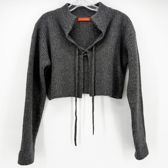 ALTUZARRA Cropped lace-up knitted cardigan knit sweater GRAY M - Picture 2 of 11